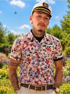 H&M White Short-Sleeve Button-Down Shirt with Red & Purple Floral Print